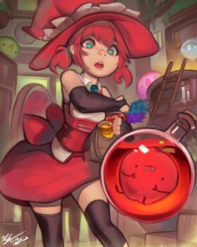 1girl :o absurdres amulet apple artist_name back_bow bag bare_shoulders barrel black_gloves blob book bookshelf bottle bow breasts brown_bag candle cauldron chair clock collared_shirt commentary crossed_arms d: dated dropping elbow_gloves english_commentary eyes_visible_through_hair feet_out_of_frame fingerless_gloves flower_pot fog food foreshortening frilled_hat frills fruit gloves green_eyes hair_between_eyes hair_tie hat highres holding holding_bag in_bottle in_container indoors ladder layered_clothes legs_apart lemon lips looking_at_another looking_at_object medibang_paint_(medium) miniskirt no_pupils nose nostrils open_mouth original potion raised_eyebrows red_bow red_hair red_headwear red_skirt shirt short_hair sidelocks signature skirt sleeveless sleeveless_shirt swept_bangs teeth thighhighs thighs tongue twintails underbust upper_teeth_only victor_nguyen white_shirt witch witch_hat zettai_ryouiki