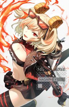 1girl artist_name black_gloves black_jacket black_skirt black_thighhighs black_tube_top blonde_hair breasts burnice_white cleavage commentary eyewear_on_head fire flamethrower gloves highres holding holding_flamethrower holding_weapon jacket large_breasts leg_up looking_at_viewer midriff nagae_yama navel one_eye_closed open_clothes open_mouth propane_tank red-tinted_eyewear red_eyes short_twintails skirt solo spiked_belt spiked_jacket strapless sunglasses thighhighs tinted_eyewear tube_top twintails weapon white_background zenless_zone_zero