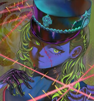 1girl absurdres black_dress black_gloves black_hat brown_background closed_mouth corvus_(reverse:1999) dress gloves green_eyes green_hair hand_up hat highres leather leather_gloves long_hair looking_at_viewer peaked_cap portrait reverse:1999 solo stitched_face stitches syun_(ashenaurora)