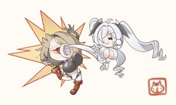 2girls :3 =_= \m/ anger_vein armored_boots armpit_cutout bare_shoulders black_gloves black_hairband blonde_hair blood blood_splatter blush bodysuit boots breasts cinderella_(nikke) cleavage closed_eyes clothing_cutout double_\m/ elbow_gloves false_smile flying_kick gloves goddess_of_victory:_nikke hair_ornament hair_over_one_eye hairband highres huge_breasts impossible_clothes impossible_leotard kicking large_breasts leg_cutout leotard long_hair medium_hair multicolored_leotard multiple_girls o-ring o-ring_bottom o-ring_panties one_eye_covered open_mouth panties panties_under_leotard red_shoes_(nikke) see-through_bodysuit see-through_clothes short_hair smile stomach_cutout stupidleon2 twintails two-tone_leotard underwear very_long_hair white_bodysuit white_hair white_leotard