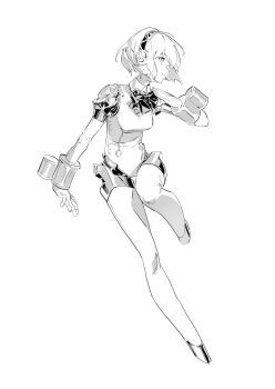 1girl aigis_(persona) android bow bowtie breasts f4d1a6 full_body greyscale hashtag-only_commentary headset highres joints looking_to_the_side mechanical_arms monochrome persona persona_3 robot_girl robot_joints short_hair simple_background solo