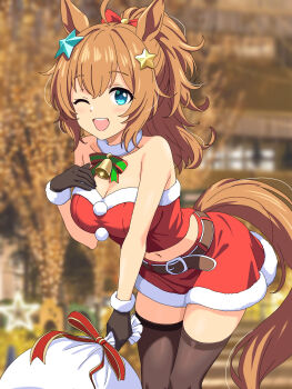 1girl alternate_costume animal_ears bare_arms bare_shoulders bell black_gloves black_thighhighs blue_eyes blush bow breasts cleavage commentary english_commentary fur_trim gloves hair_bow hair_ornament highres holding holding_sack horse_ears horse_girl horse_tail large_breasts leaning_forward looking_at_viewer navel neck_bell one_eye_closed open_mouth red_bow red_shirt red_skirt sack santa_costume shirt skirt sleeveless sleeveless_shirt solo star_(symbol) star_hair_ornament strapless strapless_shirt taiki_shuttle_(umamusume) tail thighhighs umamusume zenbrush2