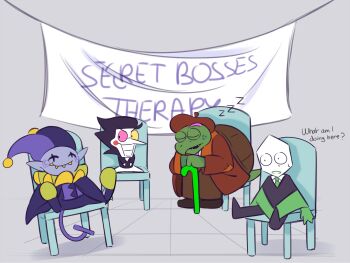 4boys banner beret big_head black_hair black_jacket black_poncho black_shoes brown_coat brown_hat brown_pants cane cape chair circle_facial_mark closed_eyes closed_mouth coat collared_shirt colored_lineart colored_skin colored_teeth commentary deltarune english_commentary english_text facial_hair facial_mark fafameow fringe_trim furry furry_male gerson_boom glasses goatee green_necktie green_pippins green_scales green_trim grey_background grey_skin hair_slicked_back hand_on_cane hat heterochromatic_eyewear highres jacket jester jester_cap jevil long_nose long_sleeves looking_ahead looking_at_another looking_to_the_side male_focus multiple_boys neck_ruff necktie on_chair orange_scarf pants parted_lips patch pink-tinted_eyewear pippins_(deltarune) pointy_ears pointy_nose purple_cape purple_tail scar_across_eyes scarf shadow sharp_teeth shirt shoes short_hair short_male sideways_glance sitting sleeping sleeping_upright smile snout spamton_g._spamton spiral_cheeks spoilers sweatdrop teeth therapy tile_floor tiles tinted_eyewear trait_connection turtle_boy turtle_shell utdr_(toby_fox) v-neck v-shaped_eyebrows white_shirt white_skin yellow-tinted_eyewear yellow_teeth zzz