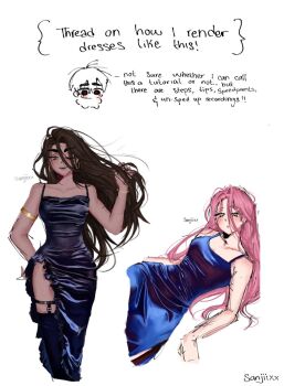 2girls alien_stage alternate_costume armlet artist_name black_dress black_thighhighs blue_dress bracelet breasts brown_hair commentary dark-skinned_female dark_skin dress earrings english_commentary english_text garter_belt gold_armlet grey_eyes hoop_earrings how_to hyuna_(alien_stage) jewelry long_hair mizi_(alien_stage) multiple_girls one_eye_closed parted_lips pink_hair sanjiixx side_slit sleeveless sleeveless_dress thick_eyebrows thighhighs very_long_hair yellow_eyes