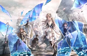 5girls black_hair black_thighhighs blue_eyes brown_hair castle clock clock_tower closed_eyes dress eve_santaclaus expressionless flag fujiwara_hajime glass grey_hair high_heels hisakawa_hayate idolmaster idolmaster_cinderella_girls idolmaster_cinderella_girls_starlight_stage kamiya_nao long_hair looking_at_viewer multiple_girls official_art ruins shirayuki_chiyo short_hair sword thighhighs torn_clothes torn_dress torn_thighhighs tower weapon white_hair