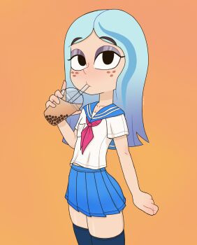 1girl andrea_davenport black_eyes black_thighhighs blue_hair blue_skirt blush breast_pocket bubble_tea collarbone cup disney drink drinking drinking_straw eyeshadow freckles grey_eyeshadow highres holding holding_cup holding_drink index_finger_raised long_hair looking_at_viewer makeup multicolored_hair neckerchief orange_background pocket red_neckerchief rukisan(pixiv) school_uniform shirt short_sleeves skirt standing streaked_hair the_ghost_and_molly_mcgee thighhighs white_shirt