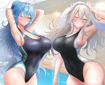 2girls ahoge animal_ear_piercing animal_ears blue_hair blush breasts competition_swimsuit cowboy_shot grey_eyes grey_hair hair_between_eyes heart heart_ahoge hololive indoors large_breasts lion_ears lion_girl long_hair multicolored_hair multiple_girls one-piece_swimsuit one_eye_closed pointy_ears pool shishiro_botan smile streaked_hair swimsuit towel virtual_youtuber waniwani_(wasabiwaniwani) water yukihana_lamy