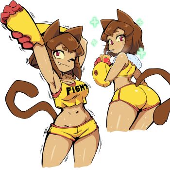 1girl absurdres animal_ears ass breasts brown_hair cat_ears cat_girl cat_tail closed_mouth commentary dark-skinned_female dark_skin drink_carton drinking_straw drinking_straw_in_mouth english_commentary fang furry furry_female gameoverse gauntlets goggles goggles_on_head highres holding holding_drink_carton holding_juice_box juice_box kit_bodega lewdamone looking_at_viewer looking_back multiple_views navel one_eye_closed plus_sign red_eyes short_hair short_shorts shorts simple_background smile stretching tail tan towel towel_around_neck whiskers white_background yellow_gauntlets