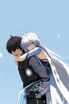Rule 34 | 1boy, 1girl, black hair, black jacket, carrying, closed mouth, colored eyelashes, commentary, grey hair, hair between eyes, halo, highres, jacket, long hair, looking at viewer, looking to the side, male rover (wuthering waves), mornye (wuthering waves), open mouth, paperpillar, piggyback, red eyes, rover (wuthering waves), see-through body, smile, turning head, white jacket, wuthering waves, yellow eyes