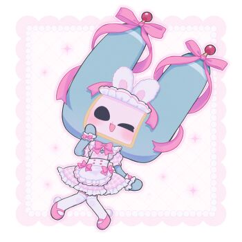 Rule 34 | 1girl, :d, absurdres, animal ear hairband, animal ears, antennae, apron, black eyes, blush, border, bow, bowtie, commentary request, dress, dutch angle, fake animal ears, foomin (katamari damacy), frilled dress, frilled wrist cuffs, frills, full body, hairband, hand up, highres, katamari damacy, maid, maid headdress, one eye closed, open mouth, outline, over-kneehighs, pink background, pink bow, pink bowtie, pink dress, pink ribbon, pink shoes, plaid clothes, plaid dress, puffy short sleeves, puffy sleeves, rabbit ears, ribbon, shoes, short dress, short sleeves, smile, sparkle, sparkling aura, thighhighs, two-tone background, umm15, waist apron, white apron, white background, white border, white outline, white thighhighs, white wrist cuffs, wrist cuffs