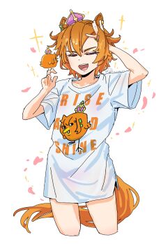 Rule 34 | 1girl, absurdres, animal ears, animalization, bird, bird on hand, blush, chameleon ch, closed eyes, collarbone, crown, hair between eyes, hand in own hair, highres, horse ears, horse girl, horse tail, long shirt, mini crown, open mouth, orange hair, orange tail, pink crown, print shirt, shirt, short hair, short sleeves, smile, t.m. opera o (umamusume), tail, teeth, umamusume, upper teeth only, white shirt