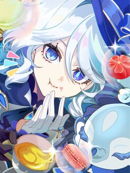 1girl :t asymmetrical_gloves black_gloves blue_eyes blue_hair blue_hat blue_jacket closed_mouth commentary_request crumbs cup drop-shaped_pupils food food_on_face furina_(genshin_impact) genshin_impact gloves hair_between_eyes hand_on_own_face hat heterochromia highres holding holding_cup jacket macaron mismatched_gloves mismatched_pupils multicolored_hair rei_(sss35_ss3) streaked_hair surintendante_chevalmarin symbol-shaped_pupils tea teacup wagashi white_gloves white_hair