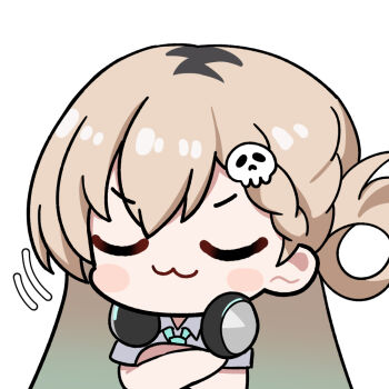 1girl :3 blonde_hair closed_eyes closed_mouth commentary crossed_arms gradient_hair hair_ornament headphones headphones_around_neck long_hair lynae_(wuthering_waves) multicolored_hair nodding portrait shirt simple_background skull_hair_ornament solo sticker_(medium) twomoon white_background white_shirt wuthering_waves