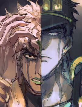 2boys black_hair black_hat black_nails blonde_hair blue_eyes closed_mouth commentary_request did_it dio_brando earrings green_lips grey_background hat highres jewelry jojo_no_kimyou_na_bouken korean_commentary kuujou_joutarou makeup male_focus multiple_boys parted_lips runny_makeup short_hair split_screen stardust_crusaders