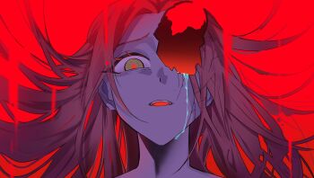 1girl commentary cracked_skin english_commentary green_eyes highres hole_in_head kuradrawings long_hair marshmallow_(vocaloid) mizi_(alien_stage) open_mouth pink_hair red_background red_pupils solo tears