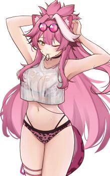 1girl alternate_costume animal_ear_fluff animal_ears arms_behind_head arms_up bikini bikini_under_clothes blush bracelet breasts cleavage closed_mouth commentary crop_top cropped_shirt eyewear_on_head hair_between_eyes hair_intakes hair_tie hair_tie_in_mouth highres hololive hololive_english jewelry large_breasts leopard_print leopard_print_bikini long_hair looking_at_viewer mouth_hold multicolored_hair multiple_bracelets navel panther_ears panther_girl panther_print panther_tail pink_bikini pink_hair print_bikini raora_panthera rinny_rin2 round_eyewear see-through_cleavage see-through_clothes see-through_shirt shirt simple_background smile solo streaked_hair sunglasses swimsuit tail thighs virtual_youtuber white_background white_hair white_shirt yellow_eyes