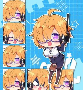 1girl :d :p absurdres black_shoes blank_eyes blue_background blue_jacket blue_skirt blush book breasts brown_pantyhose chibi closed_eyes closed_mouth collared_shirt commentary_request diagonal-striped_background dotted_line dress_shirt glasses grid_background grin hair_over_one_eye hand_up heart heart-shaped_pupils highres holding holding_book jacket lanyard large_breasts leaning_forward long_sleeves milkpanda multiple_views one_piece open_mouth orange_hair pantyhose purple-tinted_eyewear purple_eyes semi-rimless_eyewear shaded_face shirt shoes short_eyebrows skirt smile star_(symbol) striped_background symbol-shaped_pupils thick_eyebrows tinted_eyewear tongue tongue_out under-rim_eyewear v-shaped_eyes vegapunk_lilith wavy_mouth white_shirt