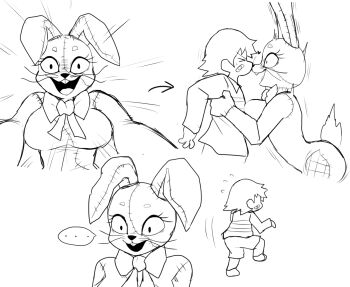 ... animal_costume ass blush breasts carrying curvy enigi09 five_nights_at_freddy's five_nights_at_freddy's:_security_breach gregory_(fnaf) hetero highres kiss looking_at_another looking_at_viewer monochrome open_mouth rabbit_costume rabbit_ears rabbit_tail sequential size_difference smile trembling vanny_(fnaf) wide_hips