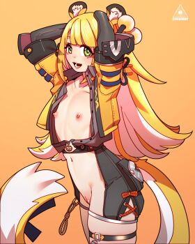 1girl animal_ears arms_behind_head arms_up black_gloves blonde_hair bow cheunchin cleft_of_venus cowboy_shot elbow_gloves flat_chest gloves green_eyes highres jacket ju_fufu loli long_hair looking_at_viewer nipples open_clothes open_jacket open_mouth orange_background pussy simple_background smile solo standing tail tail_bow tail_ornament thigh_strap tiger_ears tiger_girl tiger_tail white_hair yellow_background yellow_jacket zenless_zone_zero