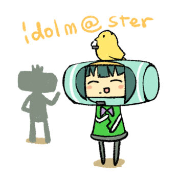 1girl 1other animal animal_on_head bird bird_on_head blush_stickers bow bowtie chan_co closed_eyes copyright_name full_body green_hair idolmaster idolmaster_(classic) katamari_damacy mole mole_under_mouth namco on_head open_mouth otonashi_kotori parody simple_background standing white_background yellow_bird