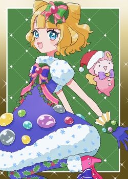 1girl :d absurdres blonde_hair blue_dress blue_eyes blue_gloves blue_pantyhose blunt_bangs bow bowtie christmas_ornaments cone_hair_bun double_bun dress from_side fur-trimmed_dress fur-trimmed_shoes fur_trim gloves hair_bun hat highres idol_clothes kuma_(pripara) looking_at_viewer madori_(1ldkplanet) minami_mirei open_mouth pantyhose pretty_series pripara santa_hat short_hair short_sleeves smile