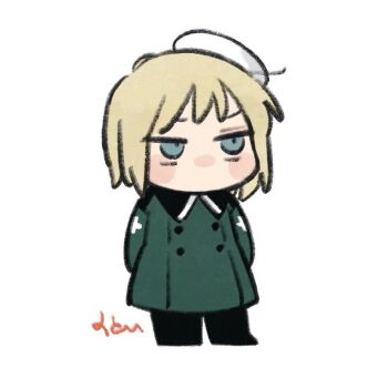 1boy arms_behind_back axis_powers_hetalia beret black_boots black_pants blonde_hair blue_eyes blush_stickers boots buttons chibi chibi_only collared_jacket commentary_request cross cross_print empty_eyes full_body green_jacket half-closed_eyes hat jacket long_sleeves looking_afar male_focus mi_aph_to military military_hat military_jacket military_uniform no_mouth pants short_hair simple_background solo switzerland_(hetalia) v-shaped_eyebrows white_background white_hat