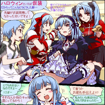 Rule 34 | 5girls, ahoge, applying makeup, artist request, black collar, black dress, black ribbon, black skirt, blue shirt, blush, bow, bowtie, brushing another's hair, brushing hair, character request, closed eyes, collar, cross, dress, fate (series), fingerless gloves, flower, frilled dress, frilled shirt, frilled thighhighs, frills, gloves, gothic lolita, grey hair, hair dryer, hair ribbon, hairband, hand mirror, holding, holding hair dryer, holding mirror, holding own skirt, juliet sleeves, lolita fashion, long hair, long sleeves, lowres, makeup, me-tan, mirror, multiple girls, oekaki, one eye closed, open mouth, os-tan, parted bangs, puffy sleeves, red bow, red bowtie, red eyes, red hairband, red sweater, ribbon, rose, rozen maiden, shirt, short hair, sidelocks, skirt, speech bubble, suigintou, sweater, teardrop, thighhighs, third-party source, tohsaka rin, translation request, twintails, two-tone shirt, two-tone sleeves, white dress, zettai ryouiki