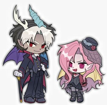 Rule 34 | 1boy, 1girl, antlers, arm at side, ascot, asymmetrical horns, asymmetrical wings, bat hat ornament, bat wings, black coat, black hair, black hat, black pants, black shoes, black skirt, black vest, blue wings, cane, chibi, closed mouth, coat, commentary, curtained hair, discord (my little pony), empty eyes, english commentary, erkengek, facial hair, fang, fang out, fangs, feathered wings, flower, flutterbat, fluttershy, frilled sleeves, frills, full body, garter straps, gloves, goatee, grey thighhighs, hand on cane, hand on own hip, hand up, hat, hat flower, high-low skirt, highres, horns, lapels, long hair, long sleeves, looking at viewer, mini hat, mini top hat, mismatched horns, mismatched wings, multicolored hair, my little pony, my little pony: friendship is magic, open mouth, pants, parted bangs, peaked lapels, personification, pink hair, pointy ears, purple wings, red eyes, red flower, red rose, rose, shoes, short hair, simple background, skirt, slit pupils, smile, smirk, standing, thighhighs, top hat, two-tone hair, v-shaped eyebrows, vampire, vest, white ascot, white background, white gloves, white hair, wings, yellow wings