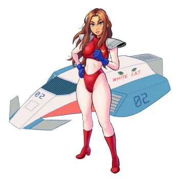 1girl armor bodysuit boots breasts brown_eyes brown_hair curvy f-zero gloves hand_on_own_hip highres jody_summer large_breasts long_hair nintendo one_eye_closed rudy_mora shoulder_armor smile thick_thighs thighs vehicle white_cat_(f-zero) wide_hips wink