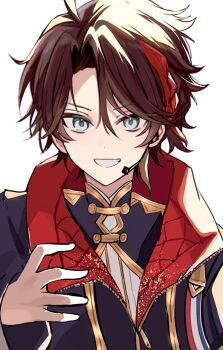 Rule 34 | 1boy, blue eyes, braid, brown hair, grin, hair between eyes, high collar, long sleeves, looking at viewer, male focus, microphone, multicolored hair, nijisanji, nijisanji idol uniform, official alternate costume, parted bangs, quilted jacket, saegusa akina, short hair, side braid, simple background, sinoda1440, smile, solo, straight-on, streaked hair, upper body, virtual youtuber, white background