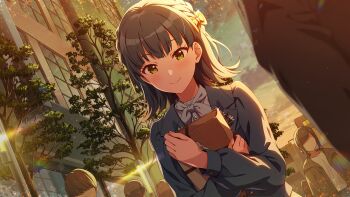 1girl blue_hair blue_jacket book bow braid city closed_mouth commentary_request dutch_angle game_cg hair_bow holding holding_book idolmaster idolmaster_million_live! idolmaster_million_live!_theater_days jacket long_sleeves medium_hair nanao_yuriko nanao_yuriko_(private_dress) official_alternate_costume official_alternate_hairstyle official_art outdoors private_dress_(idolmaster_million_live!) smile solo_focus third-party_source yellow_eyes