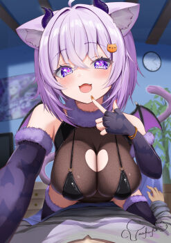 1boy 1girl ahoge alternate_costume animal_ear_fluff animal_ears black_leotard blush breasts cat_ears cat_girl cat_tail cleavage_cutout clothing_cutout commentary_request covered_navel demon_horns demon_wings elbow_gloves fang finger_to_mouth fingerless_gloves fingernails fur-trimmed_gloves fur-trimmed_thighhighs fur_collar fur_trim gloves hair_between_eyes heart heart-shaped_pupils hololive horns indoors large_breasts leotard looking_at_viewer multicolored_nails nail_polish nekomata_okayu open_mouth pov purple_eyes purple_gloves purple_hair purple_tail purple_thighhighs see-through_clothes see-through_leotard short_hair sitting sitting_on_person solo_focus symbol-shaped_pupils tail thighhighs torakichi_888 virtual_youtuber wings