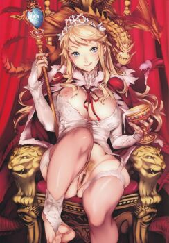 1girl :q absurdres bar_censor barefoot blonde_hair blue_eyes breasts censored chalice comic_megastore corset crown cup dragon feet female_focus female_pubic_hair frilled_thigh_strap highres image_sample large_breasts long_hair nipples nishieda no_panties pointless_censoring pubic_hair pussy queen scepter sitting solo thigh_strap thighhighs throne toe-point toeless_legwear toes tongue tongue_out