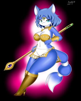1girl blue_eyes blue_hair boots female_focus furry furry_female krystal miniskirt nintendo skirt solo star_fox tasogare_aozora