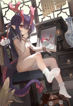 1girl absurdres ai_si_te_yisheng_tui ankle_socks architecture bracelet breasts calligraphy candle chair chinese_text creature desk dragon_girl dragon_horns dragon_tail east_asian_architecture feet ghost hair_ornament highres horns indoors jewelry large_variant_set loli long_hair mirror nipples nude original pink_eyes pom_pom_(clothes) pom_pom_hair_ornament purple_hair pussy qinghua_(porcelain) sitting small_breasts socks solo stool tail variant_set vase window