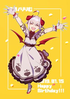 Rule 34 | 1girl, ahoge, ankle lace-up, arm strap, arms up, bare shoulders, belt, belt collar, blush, bracelet, broken heart print, character name, closed eyes, collar, colored tips, confetti, cross, cross print, curled horns, dated, demon girl, demon horns, demon wings, dress, dyed ahoge, fangs, frilled dress, frills, from above, full body, gloves, grey hair, hair between eyes, happy birthday, heart, heart print, highres, horns, jewelry, long dress, makaino ririmu, makaino ririmu (1st costume), multicolored hair, nijisanji, no socks, off-shoulder dress, off shoulder, open hands, open mouth, outline, outstretched arms, pointy ears, red collar, red eyes, red horns, red shoes, red streaks, red wings, shirt under dress, shoes, short hair, sidelocks, smile, solo, spread arms, standing, standing on one leg, streaked hair, text background, undershirt, virtual youtuber, white dress, white gloves, white shoes, wings, yama ym0000, yellow background, yellow outline