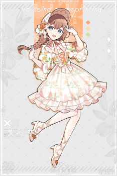 Rule 34 | 1girl, ankle lace-up, argyle background, black outline, bonnet, border, bow, braid, brooch, brown hair, clover brooch, commentary request, cross-laced clothes, cross-laced dress, daisy (flower), detached collar, dot nose, dress, floral print, flower, footwear flower, frilled dress, frills, full body, gloves, grey background, grey eyes, hair between eyes, hanasato minori, hands up, hat, hat flower, hat ribbon, high heels, highres, jewelry, knees together feet apart, lace, lace gloves, lace pantyhose, leaf, leaf background, light blush, light smile, lolita fashion, long hair, long sleeves, open mouth, orange flower, orange rose, outline, pantyhose, project sekai, puffy long sleeves, puffy sleeves, ribbon, rose, see-through clothes, see-through dress, shade, shoes, sideways glance, simple background, single braid, solo, sun hat, waist bow, waka (wk4444), white border, white bow, white dress, white flower, white gloves, white hat, white pantyhose, white shoes, wide sleeves