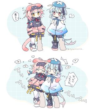 2girls :d ^_^ animal_ears arknights black_boots black_hoodie black_pantyhose black_shorts blue_hair blue_hat blunt_bangs blush_stickers boots braid closed_eyes closed_mouth commentary_request crossed_bangs dog_ears dog_girl dog_tail double-parted_bangs full_body goldenglow_(arknights) hat highres hood hood_down hoodie long_hair long_sleeves mizuki_(arknights) multiple_girls multiple_views naguru_(cyoroama) open_mouth pantyhose pink_eyes pink_hair pink_hoodie pink_shoes shoes short_hair shorts single_braid smile speech_bubble standing tail translation_request two-tone_hoodie v-shaped_eyebrows yellow_eyes