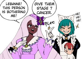 2girls :d apron black_dress bow bowtie collarbone commentary dark-skinned_female dark_skin dress english_text eyelashes gloves green_hair grin hat holding holding_poke_ball index_finger_raised jacinthe_(pokemon) lebanne_(pokemon) long_hair multiple_girls nintendo open_mouth poke_ball poke_ball_(basic) pokemon pokemon_legends:_z-a simple_background smile snapping_fingers speech_bubble teeth tongue upper_teeth_only wanderjegson white_apron white_background white_bow white_bowtie white_gloves yellow_eyes
