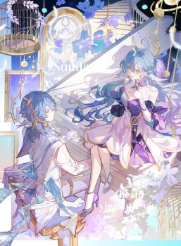 1boy 1girl absurdres alternate_costume bare_shoulders birdcage blue_hair brother_and_sister cage choker closed_mouth coattails detached_sleeves dress earrings falling_feathers feathered_wings feathers gloves gold_trim gradient_hair grand_piano green_eyes grey_pants hair_between_eyes halo halo_behind_head hand_on_own_chest hand_up head_wings high_heels highres honkai:_star_rail honkai_(series) instrument iron_hailai jacket jewel_under_eye jewelry long_hair long_sleeves looking_at_another medium_hair multicolored_hair music musical_note_ornament on_bench on_piano open_mouth pants piano piano_bench playing_instrument playing_piano purple_choker purple_dress purple_footwear purple_hair robin_(honkai:_star_rail) short_sleeves siblings sitting smile spiked_halo sunday_(honkai:_star_rail) tassel thigh_strap two-tone_dress white_dress white_feathers white_gloves white_jacket white_wings wings yellow_eyes