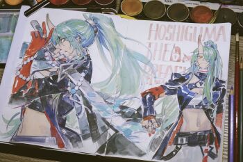 Rule 34 | 1girl, absurdres, arknights, character name, chinese commentary, colored pencil (medium), commentary request, high ponytail, highres, holding, holding sword, holding weapon, horns, hoshiguma (arknights), hoshiguma the breacher (arknights), jewelry, katana, long hair, looking at viewer, midriff, multiple views, nail polish, navel, photo (medium), ponytail, red nails, ring, single horn, skin-covered horns, sword, traditional media, very long hair, weapon, yellow eyes