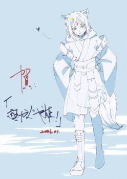 1girl animal_ear_fluff animal_ears boots cho_kaguya-hime! closed_mouth commentary_request fox_ears fox_tail full_body green_eyes hands_on_own_hips highres hood hood_down hoodie japanese_clothes long_sleeves looking_at_viewer ouwen_yingxia partially_colored sakayori_iroha second-party_source short_hair smile solo standing tail wide_sleeves