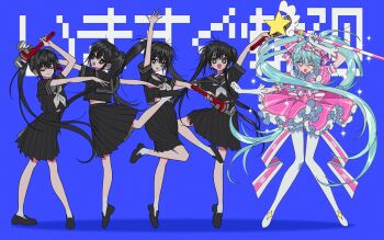 1girl aqua_hair black_eyes black_hair black_sailor_collar black_serafuku black_shirt black_skirt bow bow_hairband commentary_request dress frilled_dress frills gloves grey_neckerchief hair_bow hairband hatsune_miku holding holding_staff holding_wrench ima_sugu_rinne_(vocaloid) knees_together_feet_apart leg_up loafers long_hair looking_at_viewer mage_staff magical_girl midriff_peek multiple_views neckerchief one_eye_closed pantyhose pink_dress pink_eyes pipe_wrench pixelated pleated_skirt puffy_short_sleeves puffy_sleeves sailor_collar sailor_shirt school_uniform serafuku shirt shoes short_sleeves simple_background skirt socks song_name staff standing standing_on_one_leg star-shaped_pupils star_(symbol) star_wand symbol-shaped_pupils twintails unripesaga very_long_hair vocaloid white_background white_gloves white_pantyhose white_socks wrench