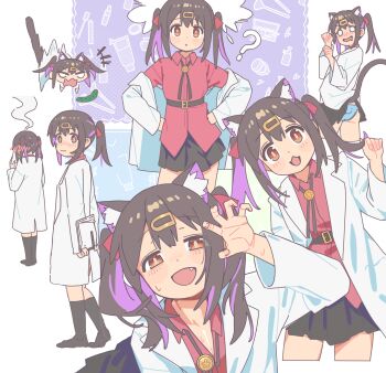 +++ 1girl 3: :3 :d ? absurdres animal_ear_fluff animal_ears arms_behind_back belt black_belt black_ribbon black_socks blush blush_stickers brown_eyes brown_hair cat_ears cat_girl cat_tail chibi chibi_inset chinese_commentary claw_pose closed_mouth coat coat_partially_removed collared_shirt colored_inner_hair commentary cucumber embarrassed full_body hair_ornament hairclip hand_up hands_on_own_hips hands_up highres kemonomimi_mode kneehighs lab_coat leaning_to_the_side long_sleeves looking_at_viewer medium_hair multicolored_hair multiple_views neck_ribbon nose_blush onii-chan_wa_oshimai! open_clothes open_coat open_mouth oyama_mihari paw_pose purple_hair red_shirt ribbon shirt sidelocks simple_background smile socks standing steaming_body sweatdrop tail tareme twintails two-tone_hair upper_body white_background white_coat wide_sleeves xiu_kukkii