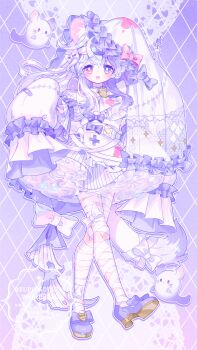 Rule 34 | 1girl, argyle background, bandaged leg, bandages, bandaid, bow, dress, frills, highres, long hair, multicolored hair, open mouth, original, purple background, purple hair, purple theme, sleeve bow, sleeves past fingers, sleeves past wrists, solo, tail, virtual youtuber, white bow, white dress, white hair, zippo (3756c)