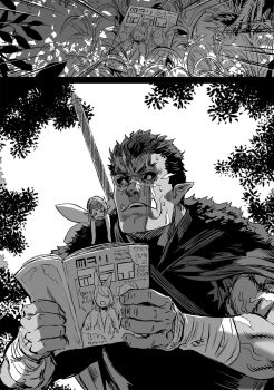 1boy 1girl animal_ears asanagi bash_(orc_eiyuu_monogatari) black_sclera cape colored_sclera fairy fairy_wings grass greyscale highres holding holding_magazine magazine_(object) mini_person minigirl monochrome non-web_source novel_illustration official_art open_mouth orc orc_eiyuu_monogatari outdoors pointy_ears scar scar_across_eye scar_on_face scar_on_nose sweatdrop sword sword_on_back teeth tusks upper_teeth_only weapon weapon_on_back wings wrist_wrap zell_(orc_eiyuu_monogatari)
