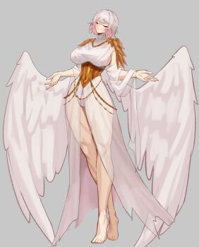 1girl ancient_greek_clothes angel_wings barefoot breasts closed_eyes closed_mouth colored_inner_hair commission corset dress feathered_wings greco-roman_clothes grey_background hair_between_eyes highres large_breasts leotard metal_corset multicolored_hair original peplos pink_hair podobrick see-through_clothes see-through_dress see-through_sleeves solo thick_thighs thighs two-tone_hair white_hair wings