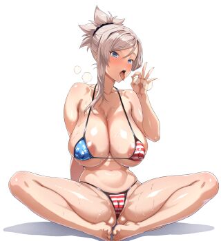 1girl absurdres american_flag american_flag_bikini american_flag_print areola_slip barefoot bikini blue_eyes blush breasts cameltoe cleavage covered_erect_nipples fate/grand_order fate_(series) fellatio_gesture flag_print flag_print_bikini full_body hand_up highres huge_breasts looking_at_viewer medium_hair miyamoto_musashi_(fate) miyamoto_musashi_(fate/grand_order) miyamoto_musashi_(swimsuit_berserker)_(fate) navel open_mouth print_bikini ranhatu sitting stomach sweat swimsuit thighs tongue tongue_out underboob white_background white_hair