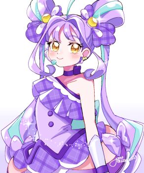 1girl ahoge aqua_hair artist_name blue_hair bow brooch choker closed_mouth collarbone cure_kyunkyun dress gloves hair_ornament half_gloves headset heart heart_brooch highres jewelry kimi_to_idol_precure long_hair looking_at_viewer magical_girl multicolored_hair nemui_o23 off-shoulder_dress off_shoulder precure purple_bow purple_choker purple_dress purple_gloves purple_hair purple_theme shigure_kokoro signature solo streaked_hair twintails twitter_username two_side_up yellow_eyes