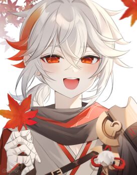 1boy :d absurdres armor artist_name bandaged_hand bandages black_scarf blush commentary crossed_bangs english_commentary falling_leaves genshin_impact hair_between_eyes hand_up highres holding holding_leaf japanese_armor japanese_clothes kaedehara_kazuha kimono leaf looking_at_viewer low_ponytail male_focus maple_leaf medium_hair multicolored_hair nyamnyam_(ny_am_030) open_mouth pom_pom_(clothes) ponytail red_eyes red_hair red_scarf scarf shoulder_armor sidelocks simple_background smile sode solo streaked_hair teeth twitter_username upper_body upper_teeth_only white_background white_hair white_kimono